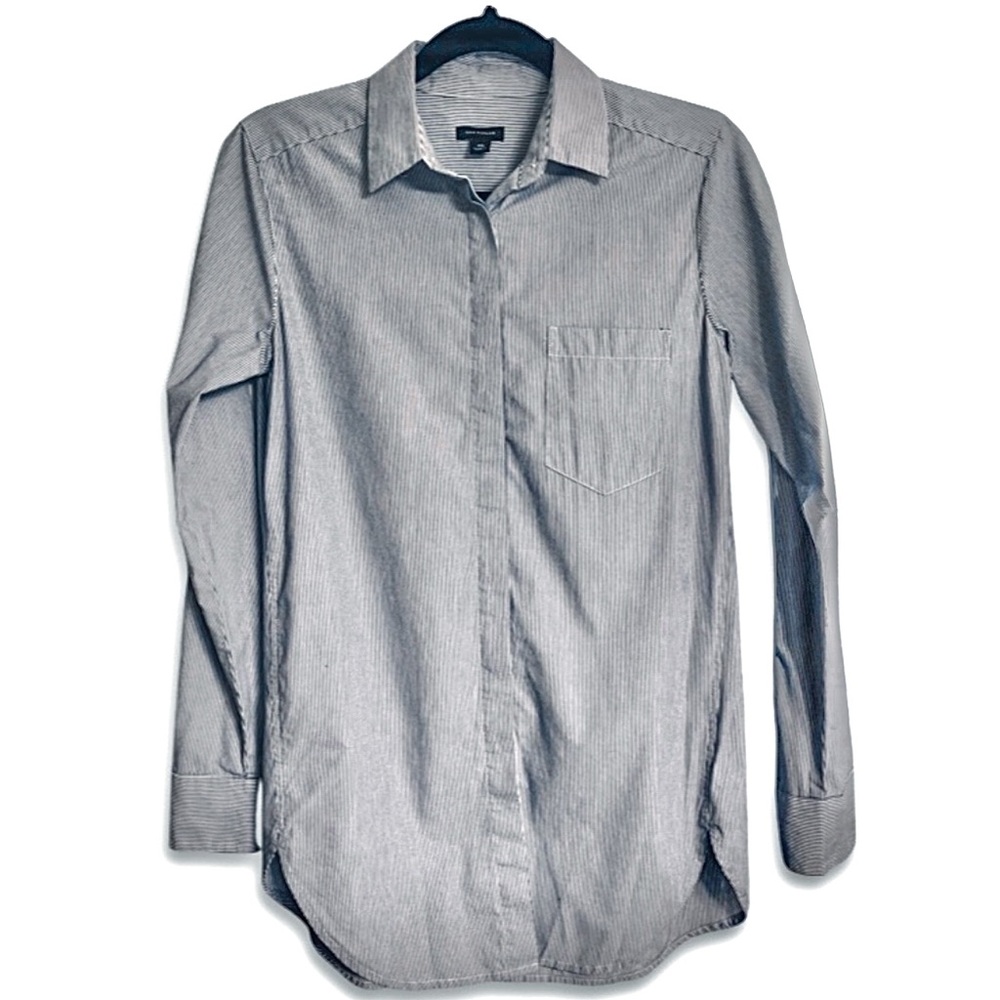 Ann Taylor Navy Pinstripe Button-Up Collar Button Up Blouse